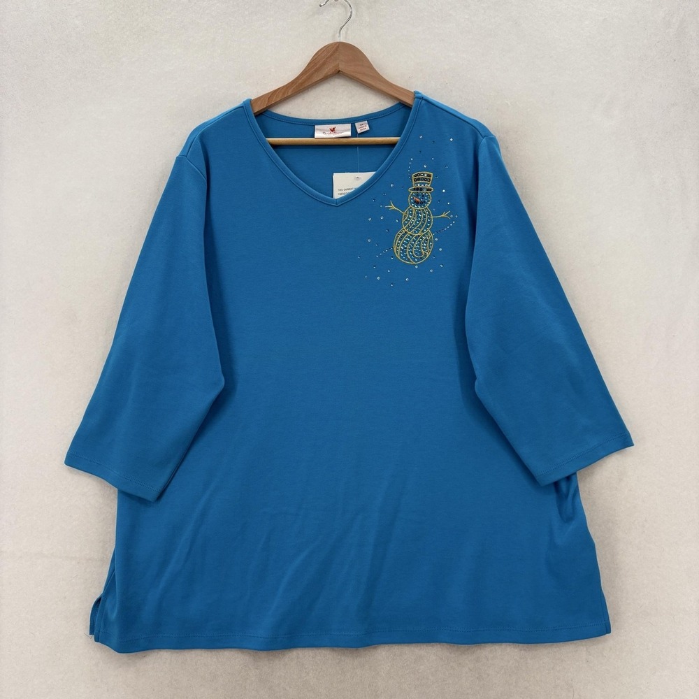 Quacker Factory Tunic Top Womens 2X Plus Blue Snowman V Neck 3/4 Sleeve Holiday